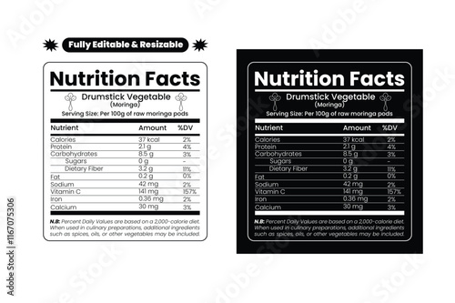 Drumstick vegetable nutrition facts. Nutrition facts label and nutritional value of Drumstick vegetable. Editable and resizable templates of nutrition facts, supplement facts and vitamin facts.