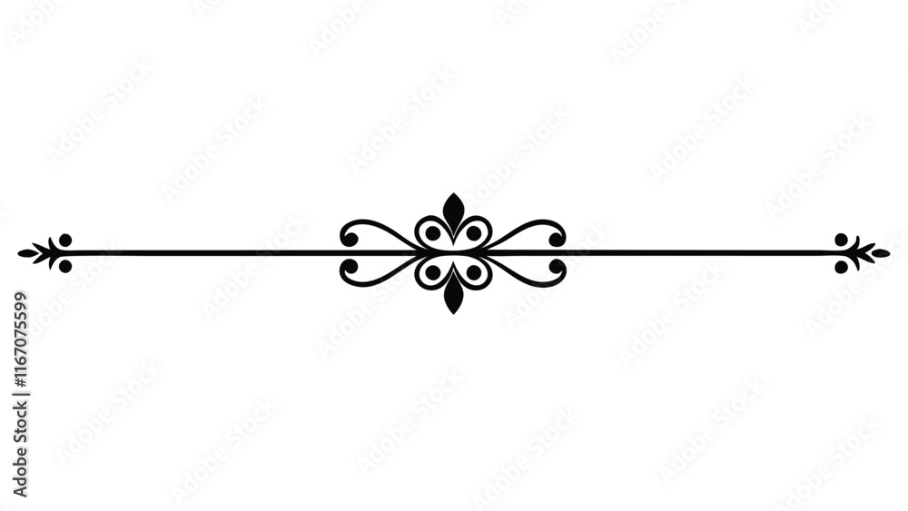 Elegant Decorative Divider Line with Symmetric Ornamental Border, Featuring Floral Motif and Abstract Flourish Filigree Elements Elegant Decorative Divider Line with Symmetric Ornamental Border, Featuring Floral Motif and Abstract Flourish Filigree Elements