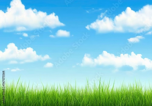 Beautiful blue sky with white clouds over a green grass field, a summer landscape background. The image is high resolution and has ample copy space for text.