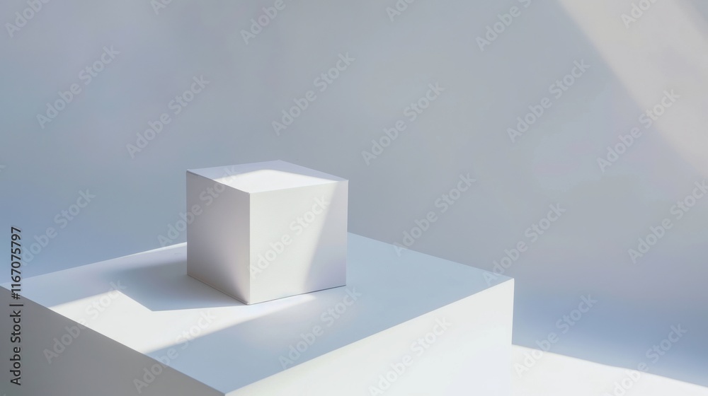 A simple white cube placed on a white pedestal with soft shadows. A simple white cube placed on a white pedestal with soft shadows.