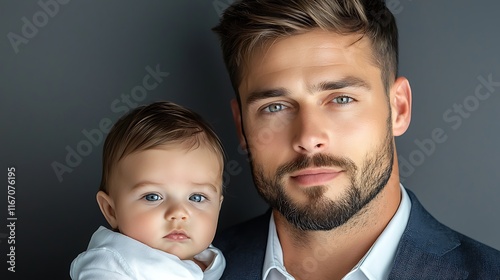 Sophisticated male parent tenderly holding newborn, business wear, modern architectural background, soft ethereal light Ultra-Realistic, Photo Realistic, highly detailed, 