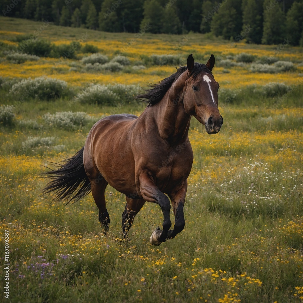 A horse galloping across a meadow with wildflowers blooming around it. A horse galloping across a meadow with wildflowers blooming around it.