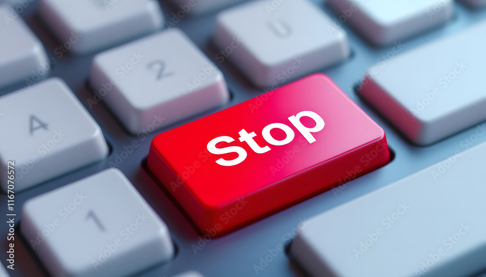 Red Stop Key on White Keyboard, Stop Button on Computer Keyboard Close-up, Interrupt, Halt, or Pause Concept: Stop Key Red Stop Key on White Keyboard, Stop Button on Computer Keyboard Close-up, Interrupt, Halt, or Pause Concept: Stop Key