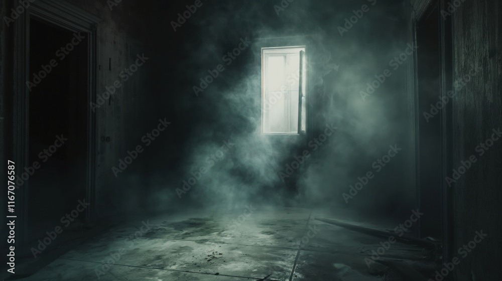 A dimly lit room filled with fog, featuring a single window illuminating the space. A dimly lit room filled with fog, featuring a single window illuminating the space.