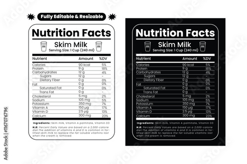 Skim milk nutrition facts. Nutrition facts label and nutritional value of skim milk. Editable and resizable templates of nutrition facts, supplement facts and vitamin facts.