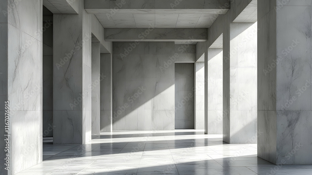 Fototapeta premium A sunlit, minimalist hallway with sleek marble columns, walls, and flooring. Clean lines and shadows create a modern aesthetic.