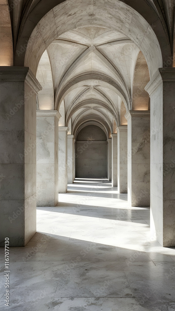 A long corridor with arched ceilings and stone columns. Sunlight casts shadows on the grey marble floor. The perspective creates a sense of depth and elegance. A long corridor with arched ceilings and stone columns. Sunlight casts shadows on the grey marble floor. The perspective creates a sense of depth and elegance.