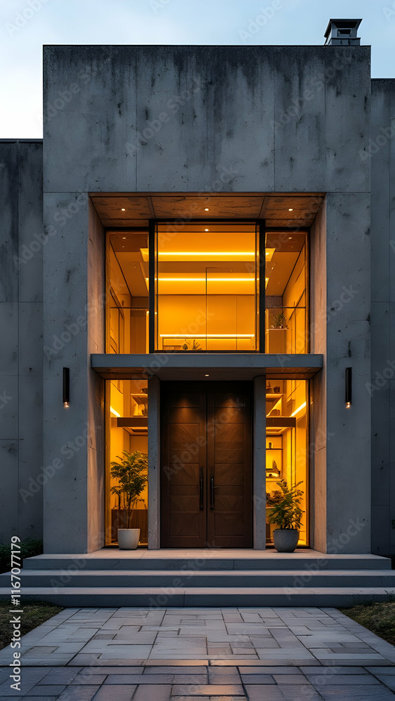 Obraz premium A contemporary homes entrance features a concrete facade, illuminated interior, glass windows, double wooden doors, and a stone pathway. Warm lighting creates a welcoming ambiance.
