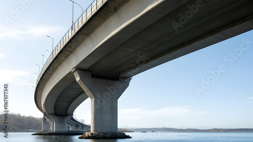 A large concrete highway bridge stretches over calm water, its massive pillars grounded on rocky shores. The sky is clear and blue, providing a stark contrast to the grey bridge.