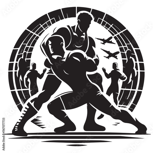 Wrestling Silhouette Vector Illustration, Solid White Background.