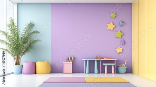 Bright and playful children's room with pastel colors and decor.