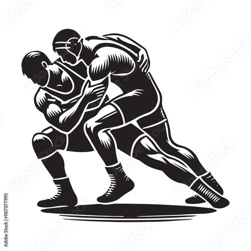 Wrestling Silhouette Vector Illustration, Solid White Background.