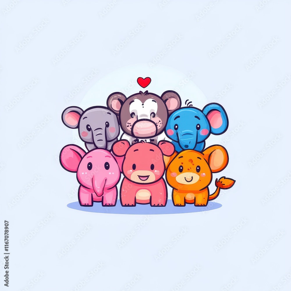 Obraz premium Adorable Cartoon Animals Grouping Together with Love and Friendship in a Playful Design, Featuring Cute Elephants, a Monkey, and Other Delightful Creatures