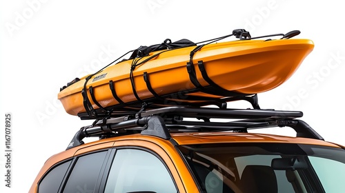 Orange car with a kayak on roof rack, white isolated background.