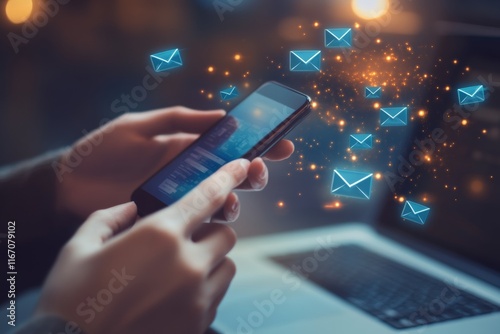 Close up of hands with smartphone checking email notifications amidst floating envelope icons photo