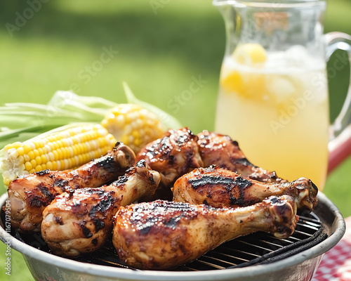 Here are a few options for your stock photo description, all under 125 characters:

**Option 1 (Focus on food):**

> Grilled chicken drumsticks and corn on the cob photo