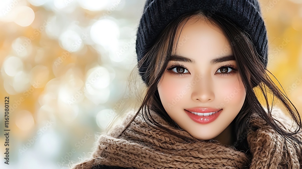 Ultra-realistic close-up portrait of a clean-cut Korean woman with a genuine smile, wearing a chunky scarf and black knitted beanie. Her youthful features, including naturally blushed cheeks Ultra-realistic close-up portrait of a clean-cut Korean woman with a genuine smile, wearing a chunky scarf and black knitted beanie. Her youthful features, including naturally blushed cheeks