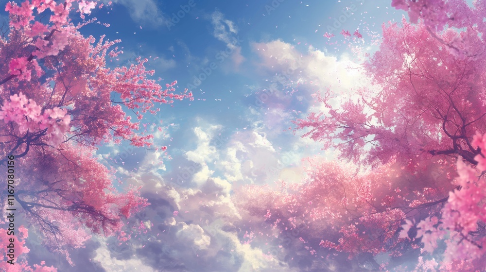 Fototapeta premium A beautiful scene of pink cherry blossom trees under a bright blue sky with fluffy clouds.
