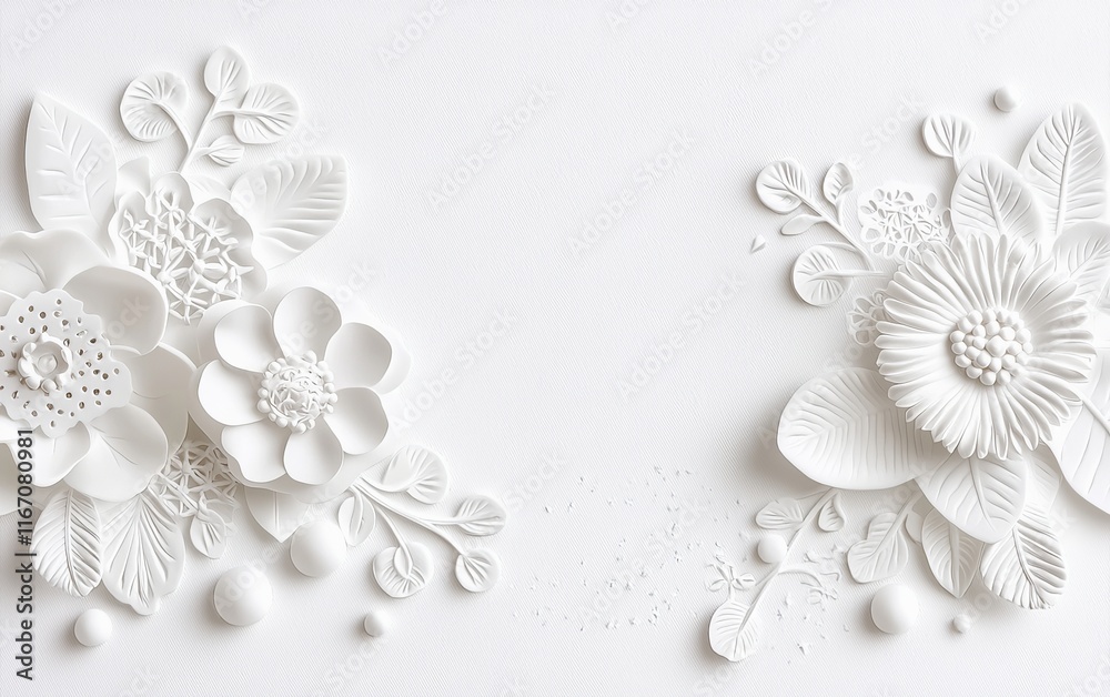 Naklejka premium Elegant White 3D Floral Design Paper Flowers Wedding Background Texture Art