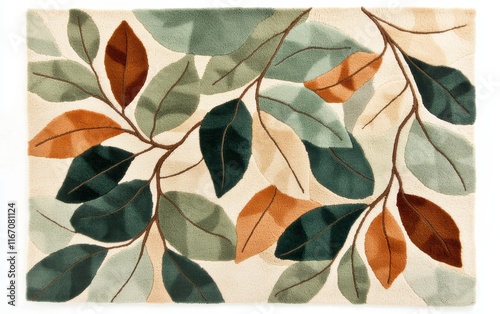 Cream Rug with Green Orange and Brown Leaf Design Home Decor Autumn Fall Nature