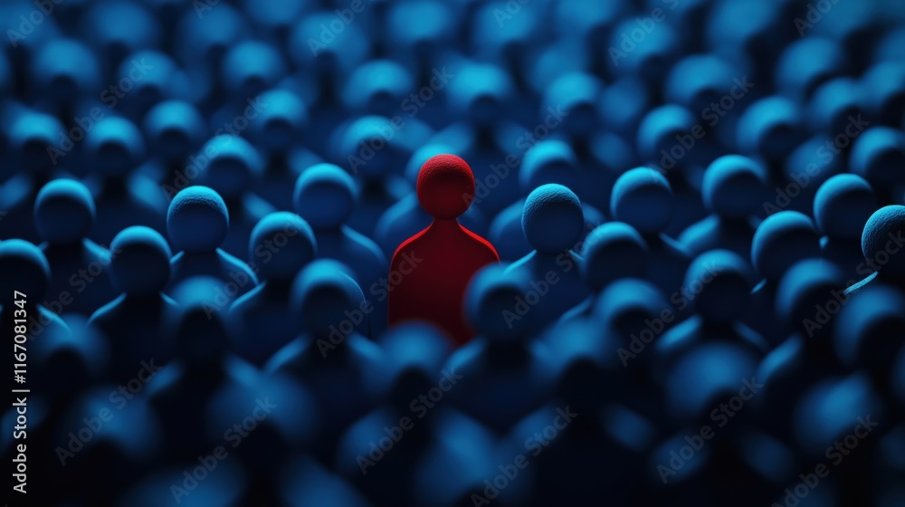 Fototapeta premium A single red figure stands out in a sea of blue figures, symbolizing individuality and uniqueness.