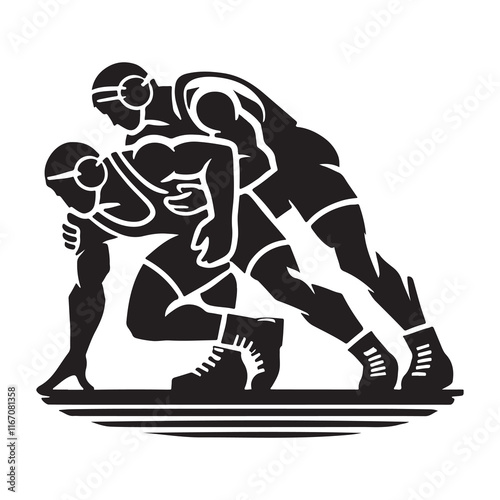 Wrestling Silhouette Vector Illustration, Solid White Background.