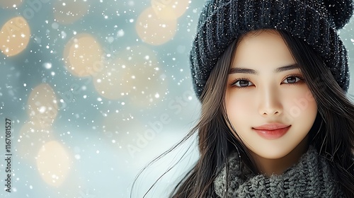 Ultra-realistic winter portrait of a clean-cut Korean woman with dark eyes and a gentle smile. She wears a black knitted beanie with pom-pom and a chunky scarf, with a softly blurred golden 