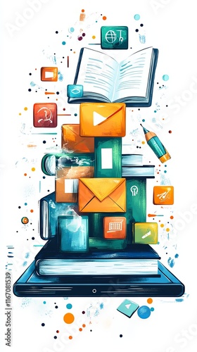 remote learning essentials, Colorful Illustration of Learning Essentials and Icons
