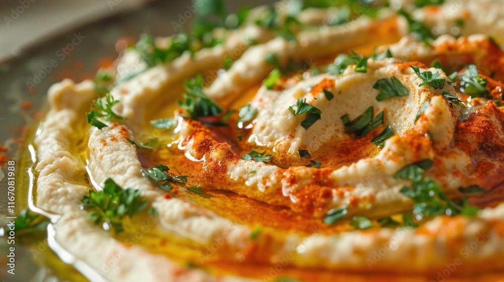 A beautifully presented dish of hummus drizzled with olive oil and herbs. A beautifully presented dish of hummus drizzled with olive oil and herbs.