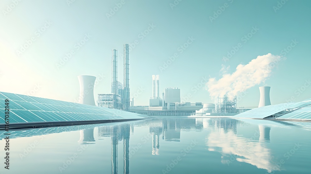 A futuristic clean energy landscape with solar panels capturing sunlight and a nuclear power plant providing consistent A futuristic clean energy landscape with solar panels capturing sunlight and a nuclear power plant providing consistent