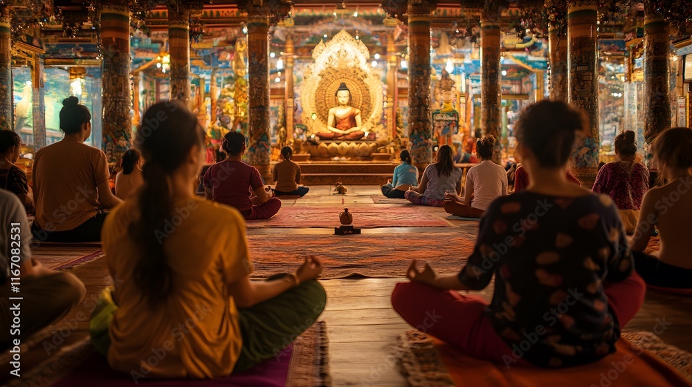 A serene, vibrant community thriving under the concept of Gross National Happiness, with people meditating, engaging in joyful activities, and supporting each other A serene, vibrant community thriving under the concept of Gross National Happiness, with people meditating, engaging in joyful activities, and supporting each other