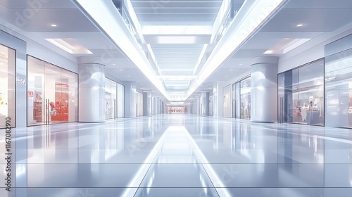 Modern bright shopping mall interior with glass storefronts and shiny floors.