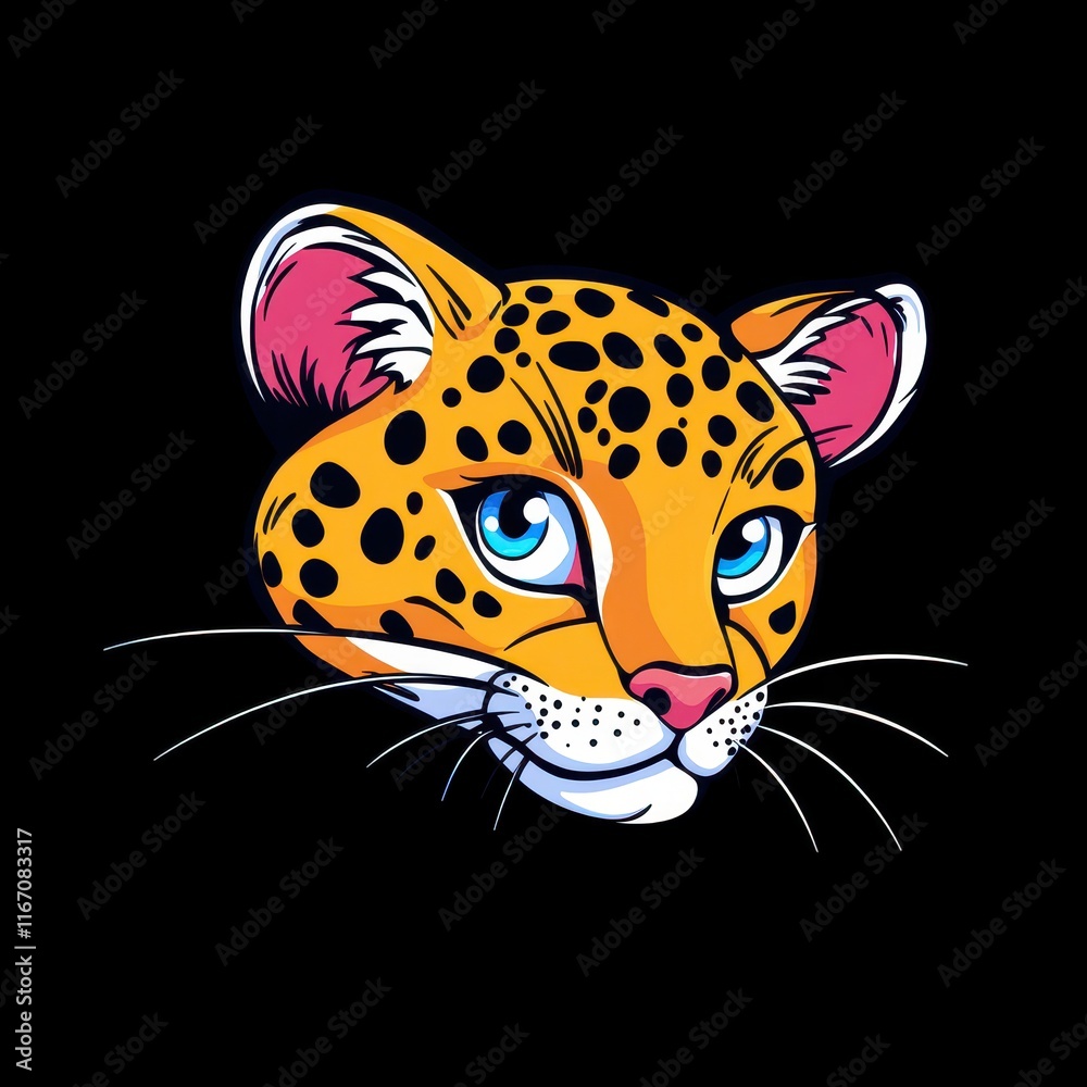 Obraz premium Vibrant Illustrated Leopard Head with Distinctive Spots Against a Black Background, Showcasing the Beauty and Elegance of Wild Cats in Modern Art Style
