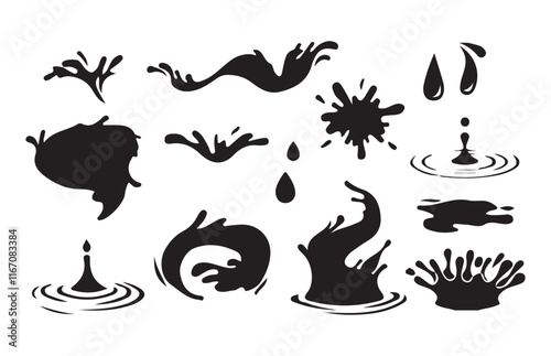 Splash silhouette with droplets. Water drops shapes,cry droplet icons vector set. Ink, sauce, river isolated splashes ect .Vector Illustration EPS 10