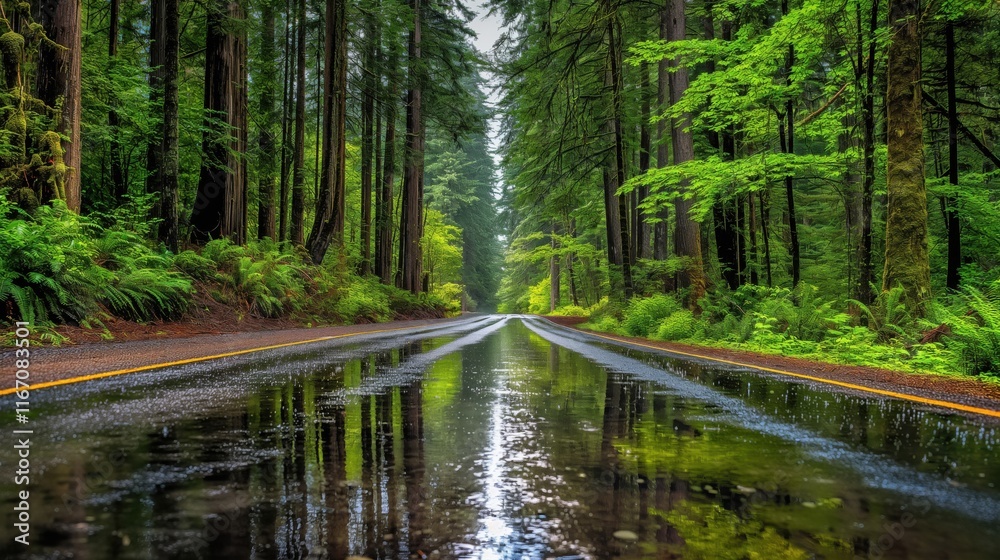 Obraz premium A tranquil road surrounded by lush green trees reflecting in puddles after rain.