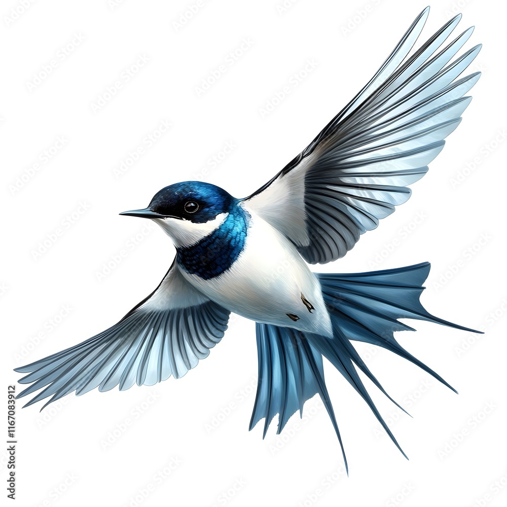 Obraz premium Hyper-detailed swallow in flight, azure and white feathers, spread wings, dynamic pose, crisp edges, photorealistic rendering, studio lighting, white background, ornithological illustration