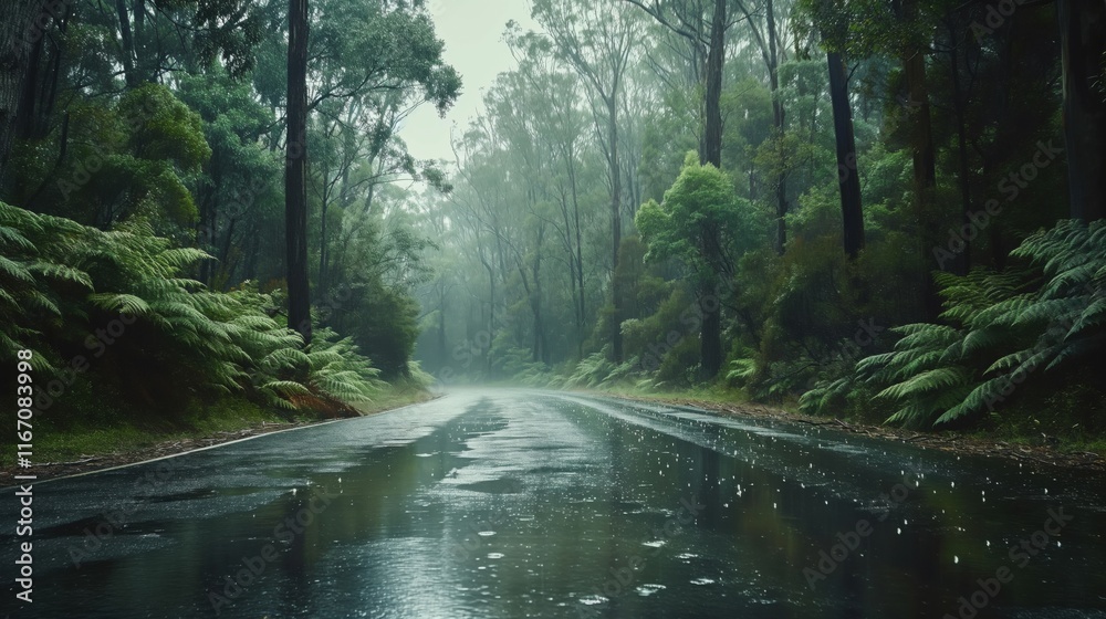 Fototapeta premium A tranquil road surrounded by lush green trees and ferns, reflecting rainwater on a misty day.