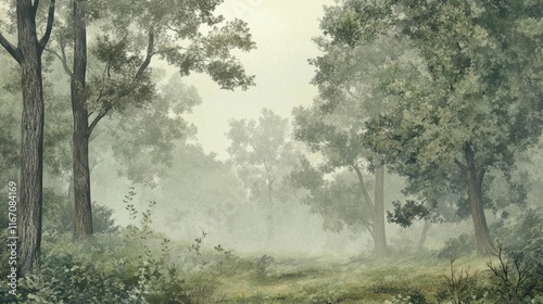 A serene forest scene shrouded in mist, evoking tranquility and nature.
