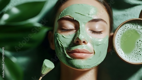 Matcha face mask with natural ingredients, placed alongside a matcha latte, enhancing skin health and glow photo