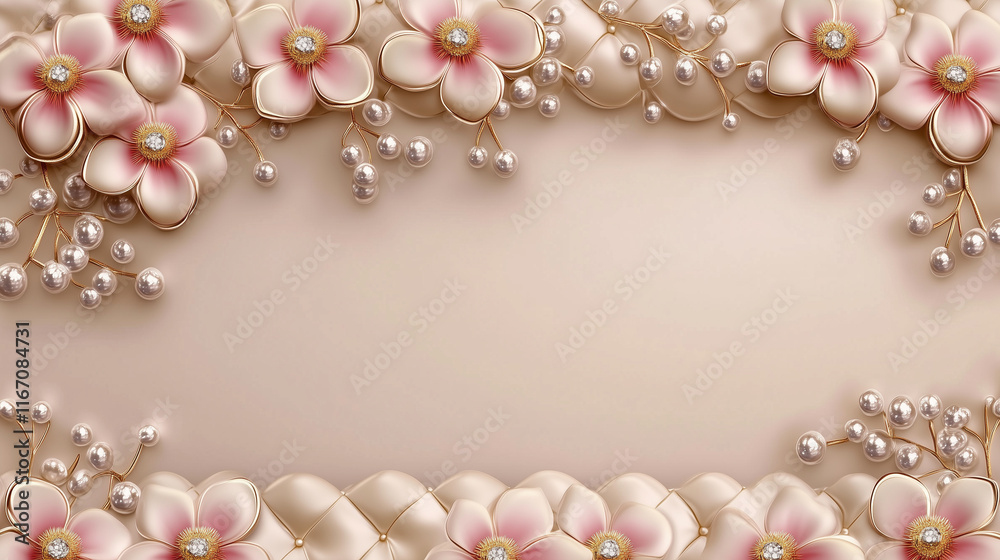 Luxurious background wallpaper with pink flowers and pearls Luxurious background wallpaper with pink flowers and pearls