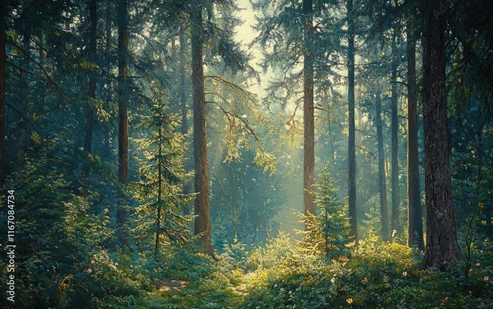 Obraz premium Beautiful forest landscape with sunlight shining through the trees in autumn. Forest path, natural background. High-resolution photo of a beautiful nature scene. Green pine and oak trees, bright color