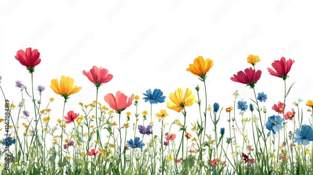 Naklejka premium Vibrant wildflowers border on white background.
