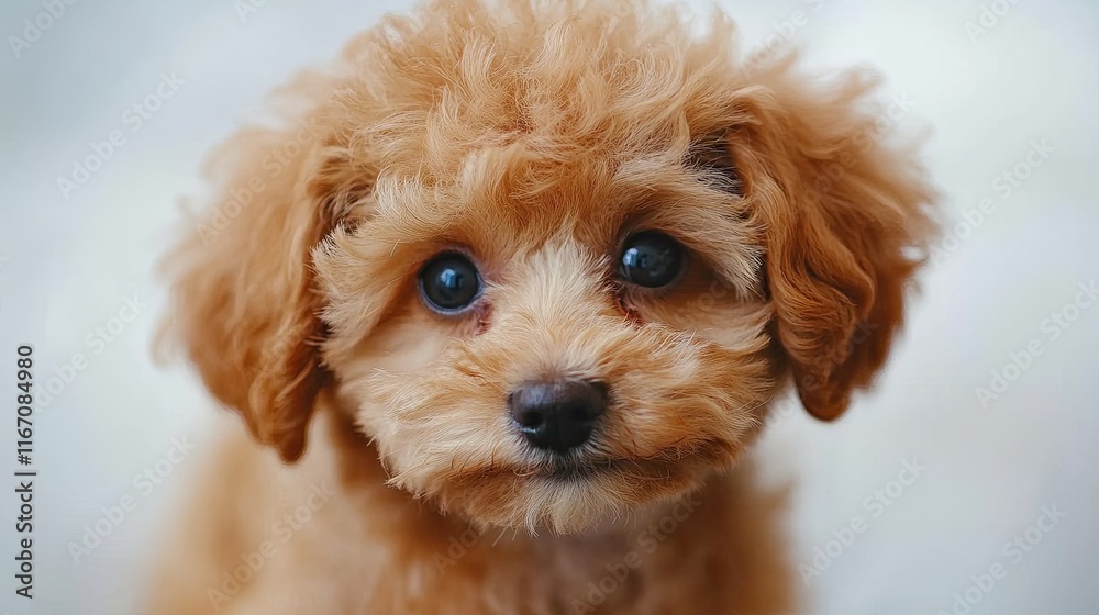 Cute charming dog. Shot of a Maltipoo with big kind eyes and brown fur posing isolated on a white studio background Cute charming dog. Shot of a Maltipoo with big kind eyes and brown fur posing isolated on a white studio background