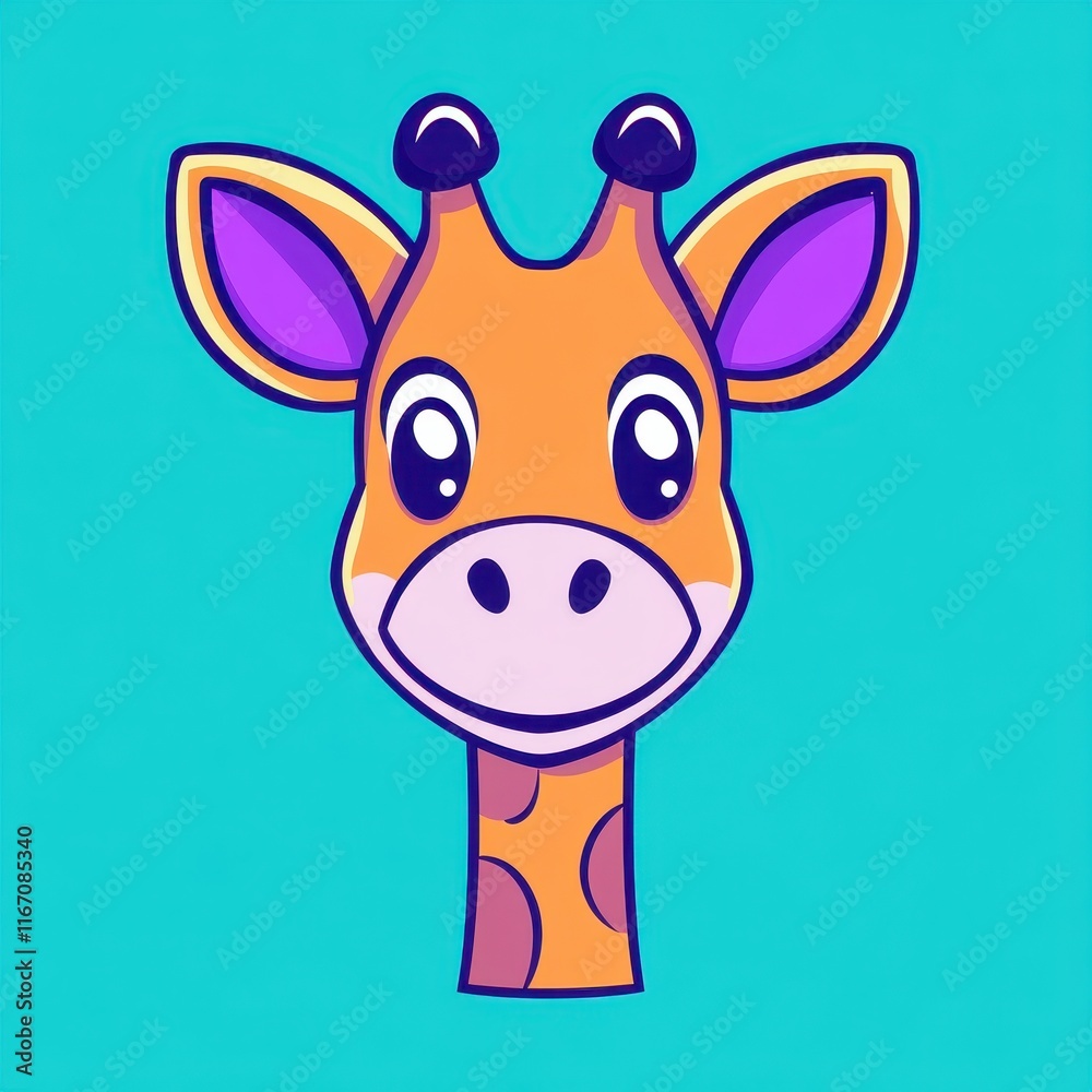 Obraz premium Cute and Cheerful Cartoon Giraffe Head with Big Eyes on Bright Blue Background, Perfect for Kids' Illustrations and Fun Designs
