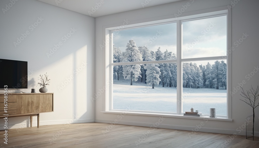 Fototapeta premium A modern white room with a sofa and a view of the winter countryside Scandinavian style 771