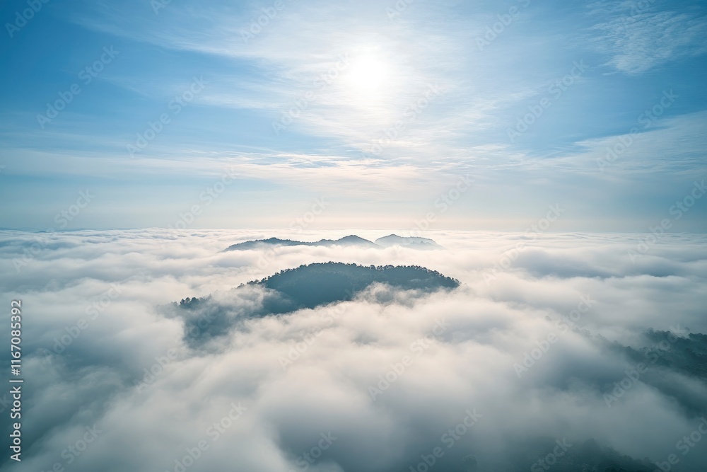 Obraz premium Beautiful green forest landscape with fog in morning time at Phu Kac mountain, The sky is blue and the clouds cover part of the top view, creating an atmosphere of mystery. Aerial photo. High resoluti