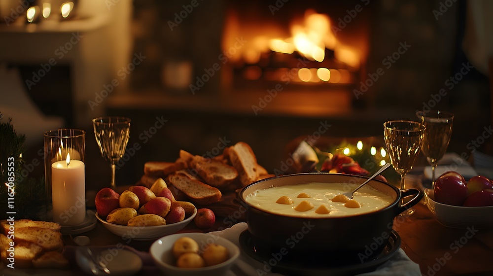 Fototapeta premium A cozy table with a bubbling pot of three cheese fondue, served with an assortment of dipping items like bread, apple slices, and roasted potatoes