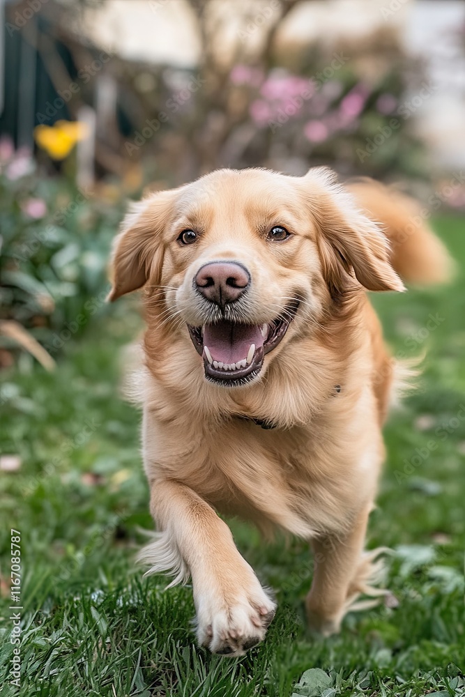 Funny happy cute smiling domestic dog puppy running on the lawn. spring banner. Funny happy cute smiling domestic dog puppy running on the lawn. spring banner.