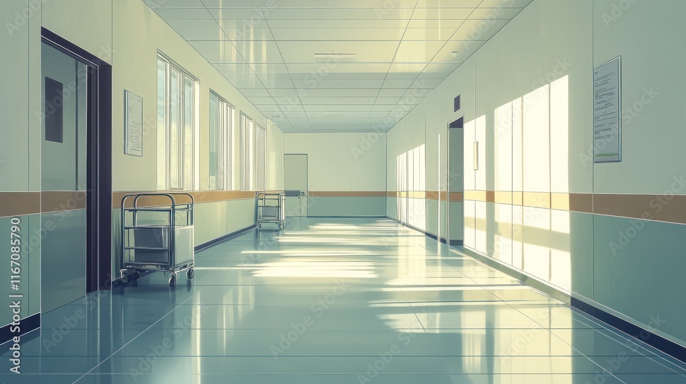 Sunlit hospital corridor with carts. Sunlit hospital corridor with carts.