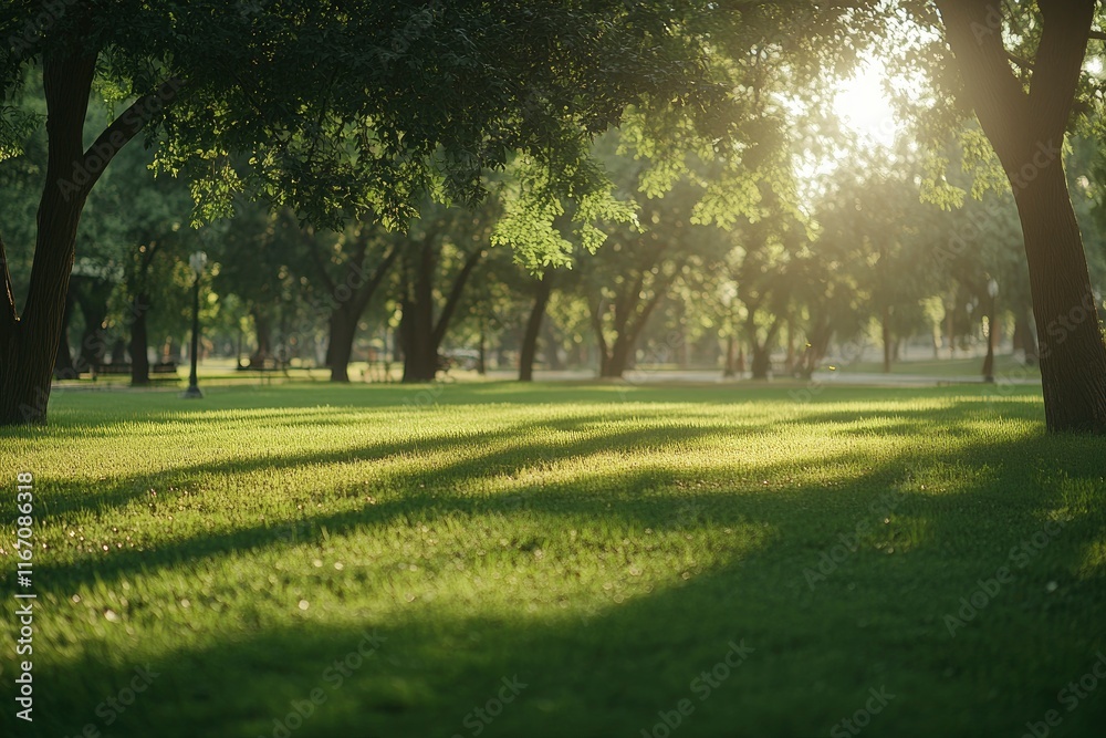 Fototapeta premium Beautiful green grass in the park with trees and a sunlit background, captured with a wide-angle lens.color grading, soft shadows, and a clean, sharp focus digital backdrop. This is a high-quality